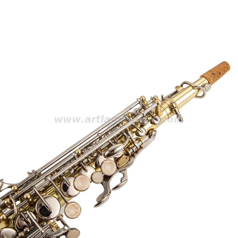 Llave de níquel lacado dorado de saxofón soprano, con cuello curvo recto (ASS5505GN)